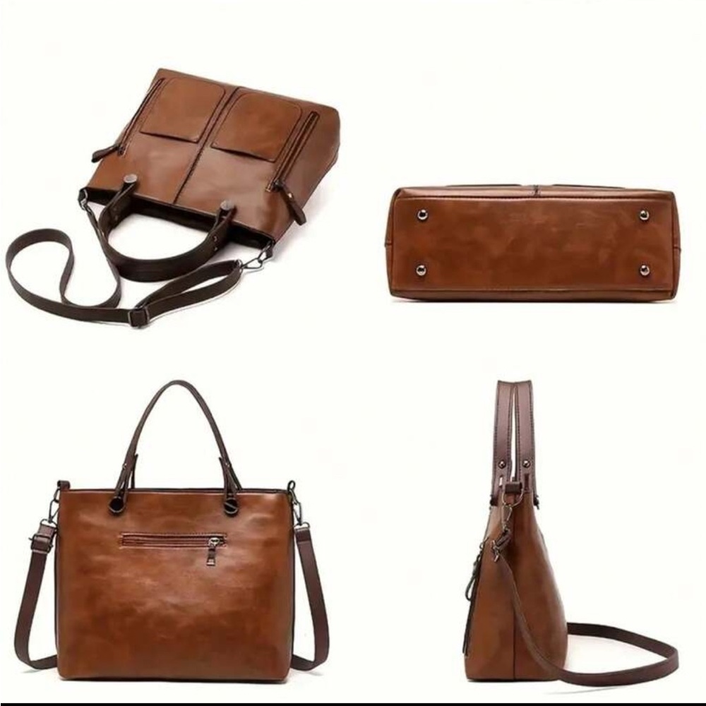 Luxe Brown Zipper Large Tote Shoulder Bag - Picture 3 of 6